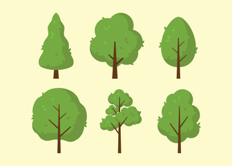 Fototapeta premium Tree and leaf collection flat design element. Botanical set trees. Green trees vector set. Flat illustrations. Nature color. Cartoon tree forest icon silhouette set. Green branch. Nature or healthy.