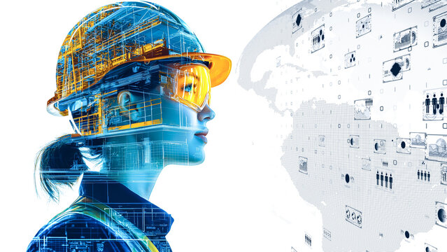 Engineer wearing protective gear, connected to virtual interface of a world map