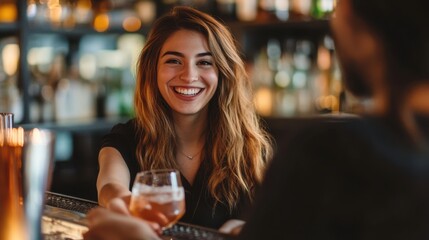 A female bartender serving a freshly made cocktail, her smile warm and welcoming.