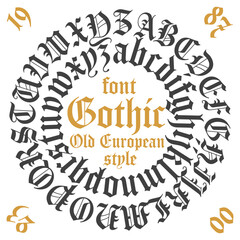 Vector illustration Retro GOTHIC font in circle. Old European style written in circle. Calligraphic patterns. Retro design with monograms. Latin stylized alphabet