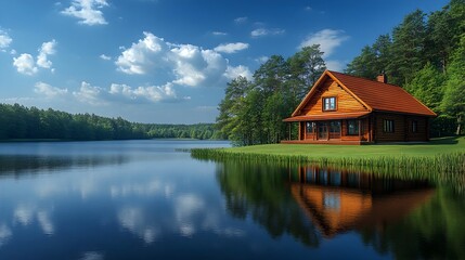 Fototapeta premium Cozy Wooden Cabin Nestled by Serene Lake in Forested Wilderness