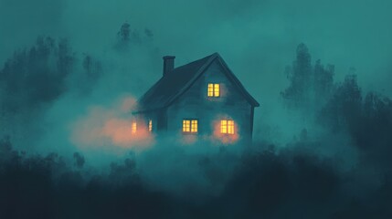 A mysterious house shrouded in fog, with glowing windows illuminating the dark surroundings, creating an eerie atmosphere.