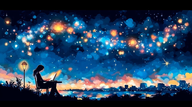 A person sits with a laptop against a starry night sky creating something new illuminated by city lights 
