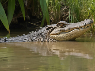 Fototapeta premium Crocodile Resting in a Calm Pond with Lush Greenery and Lily Pads.