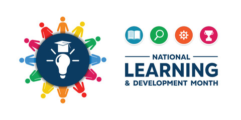 National Learning and Development Month.  Lamp, people, graduation caps and more.  Great for cards, banners, posters, social media and more. White background.