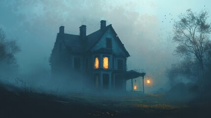 A mysterious old house shrouded in fog, illuminated by warm lights, creates an eerie yet captivating atmosphere.
