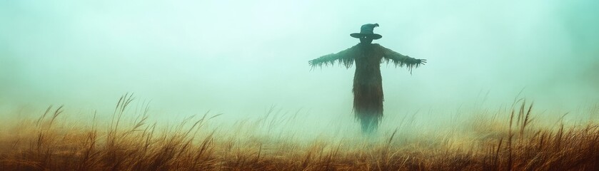 Obraz premium A mysterious scarecrow stands alone in a foggy field, creating an eerie atmosphere in nature's quiet surroundings.