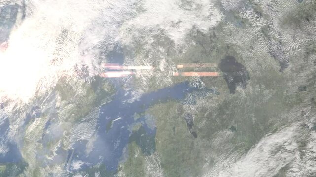 Zooming in on Espoo, Finland frome space - Perfect for Travel Intros and Backgrounds. Realistic 3D Animation.