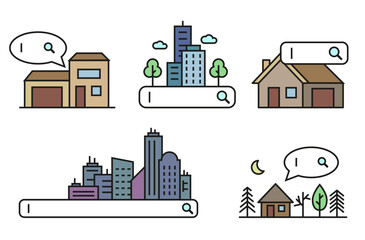 Obraz premium City buildings skyline color icons with outline. Urban background. Building search icons.