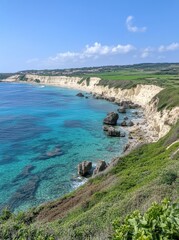 Obraz premium The sky is clear, and the sun is shining brightly over a beautiful blue ocean with rocky shorelines