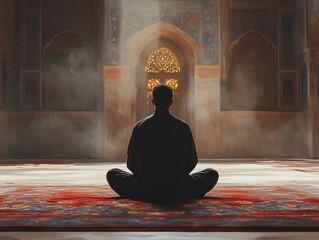 Muslim man praying in a quiet mosque during the evening