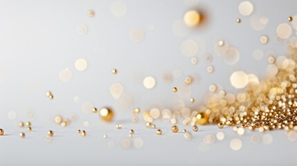 Fototapeta premium Delicate sparkles and glitter scattered elegantly on a white backdrop, enhancing the visual appeal with a sparkling and enchanting effect.