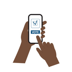 Illustration of hands voting on a smartphone screen with a checkmark and 