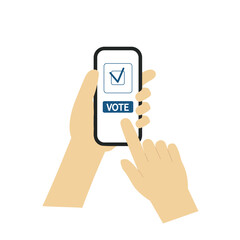 Illustration of hands voting on a smartphone screen with a checkmark and 