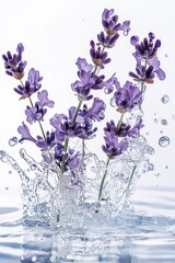 Lavender flowers creating splashing water drops on white background