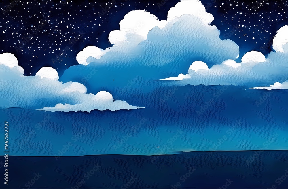 Wall mural night sky with clouds and stars, abstract background with watercolor texture, illustration. wallpape