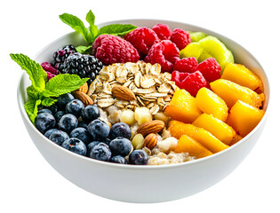 Nutritious fruit and oatmeal bowl with berries and nuts on display isolated on transparent background