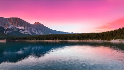 Obraz premium Scenic mountain landscape with tranquil water reflecting a vibrant pink sunset sky, breathtaking nature background