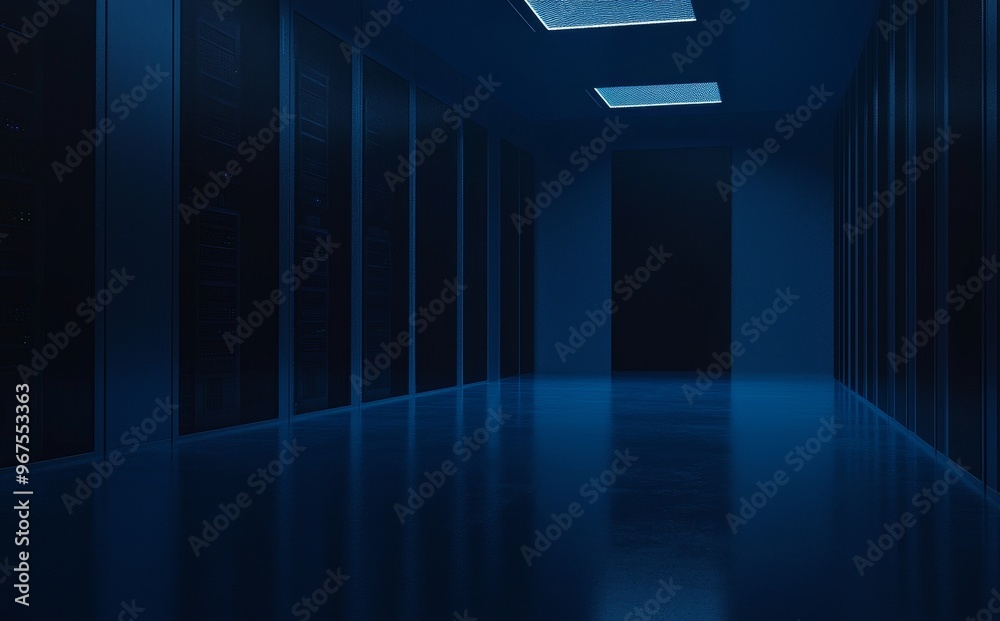 Poster Server room with several server racks with strong dramatic lighting. Technological background on servers in data center, futuristic design.