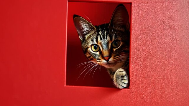 Curious Cat Peeking out From a Red Wall Cubby in Bright Lighting Generative AI