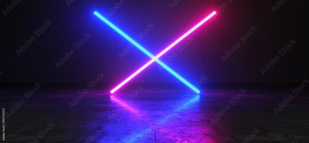 Aufkleber 3d rendering of futuristic sci-fi blue and purple neon tubes glowing in an empty room with reflectio