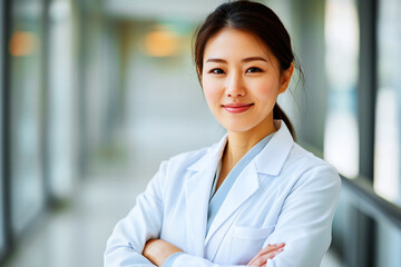 Experienced Asian female doctor in white lab coat, confidently positioned in a hospital to ensure patient well-being. Medicine, health care concept. Copy space.
