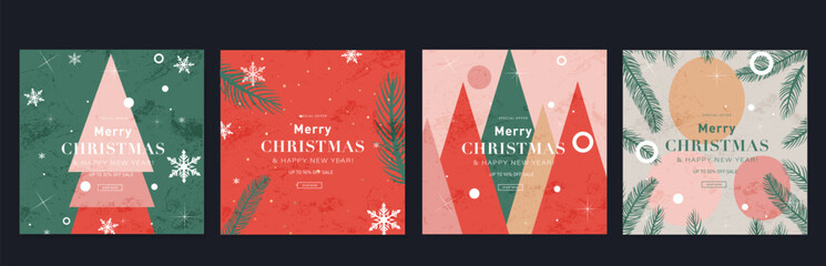 Creative 2025 Sale for Merry Christmas and Happy New Year. Offering 50% Discount. Set of Trendy Abstract 3D Patterns for Advertising, Web, Social Media, Posters, Banners, Covers. Vector Illustration.
