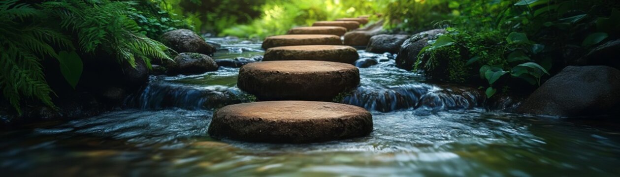 A series of stepping stones leading across a stream, each stone representing a milestone in the journey of personal growth, with lush greenery surrounding the scene