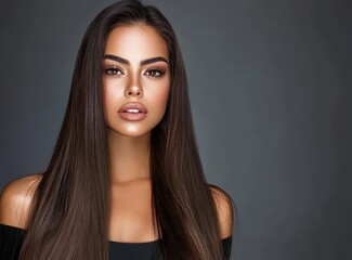 Fototapeta premium Beautiful long haired woman on a dark background. She has straight black hair