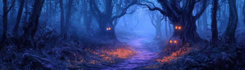 A mystical forest path illuminated by eerie lights, shrouded in mist and inviting mystery. Perfect for fantasy scenes and storytelling.