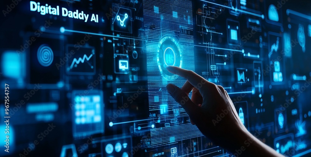 Poster With businesswoman hand touching connected gear cogs with KPI financial charts and graphs, marketing dashboards are being used to analyze business data.