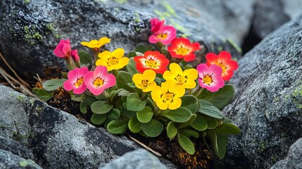 Colorful Primrose Flowers Blooming in Rocky Crevice
