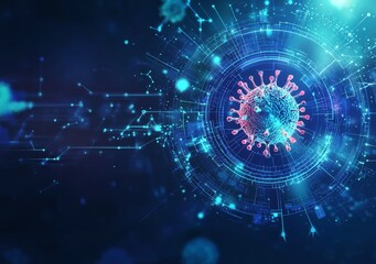 Obraz premium This is a futuristic medical graph on how to use the FUI HUD of Coronavirus disease COVID-19 infection. This is a 3D rendering of a screen showing the pathogen. The background is a technology