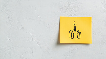 Birthday cake drawn on a Yellow Sticky Note - against an isolated background with Copy space.