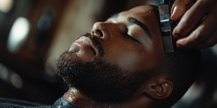 Barber expertly trims a stylish beard in a trendy barbershop, showcasing grooming skills with a hair clipper. Close-up image captures razor blade in action, perfect for beard styling