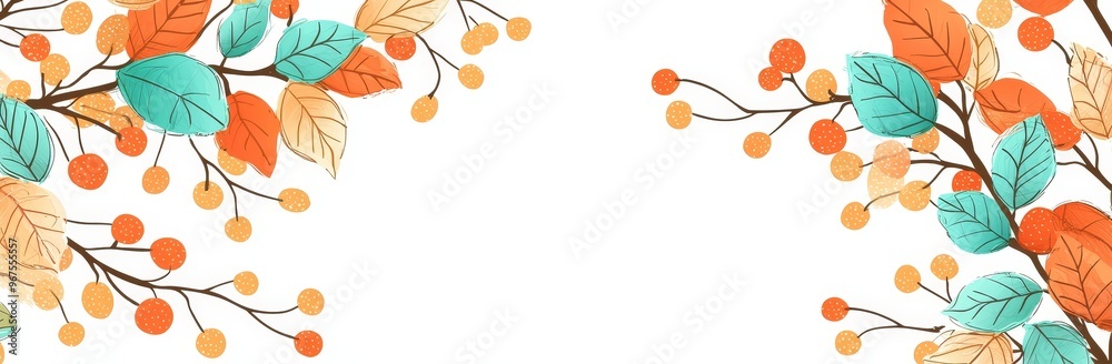 Aufkleber illustration with hand drawn horizontal banner pattern featuring autumn leaves and berries on a retr