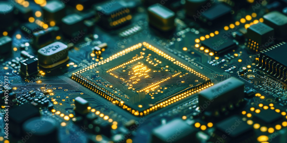 Poster computer motherboard glowing with power, showing the intricate details of its circuitry and componen