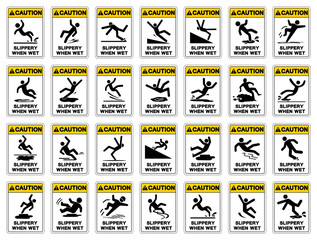 Caution Slippery When Wet Set Symbol Sign,Vector Illustration, Isolate On White Background Label. EPS10