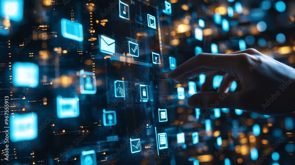 Aufkleber The concept of hand using computer-based document management technology, the concept of document management, the concept of businessman utilizing a computer to manage documents, the concept of