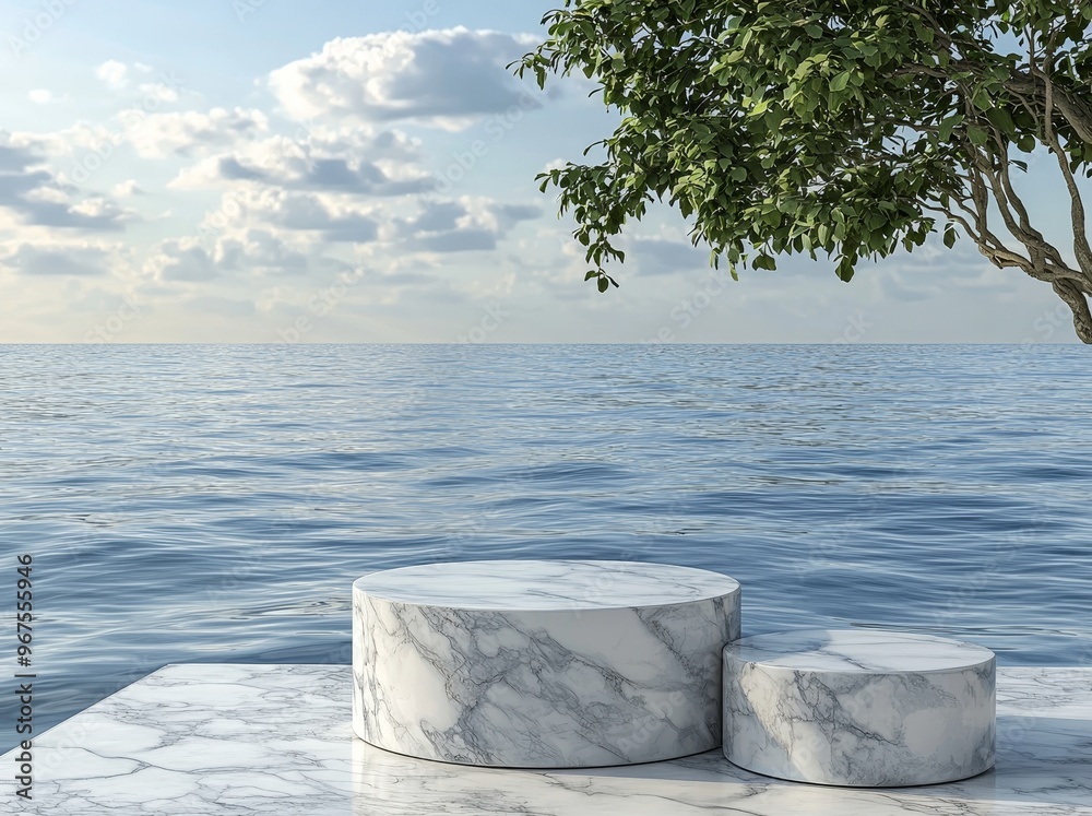 Poster stock technology was used to create a white marble podium with an ocean sky background