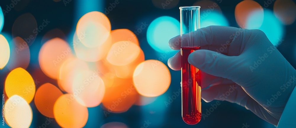 Poster the image shows a closeup of a test tube filled with a liquid sample on a blurry background. space i