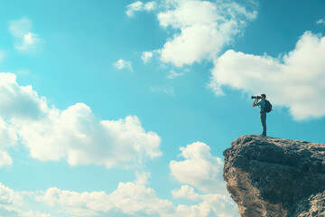 Hiker stands on a cliff, looking through binoculars at a mountain view. The sky is blue, clouds fluffy, and the scene captures the essence of adventure and inspiration in nature