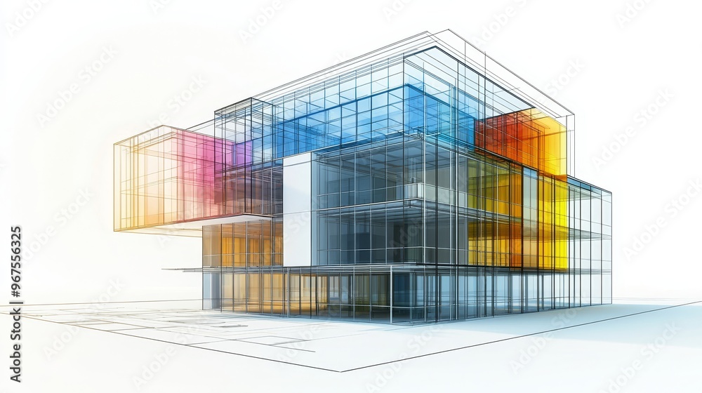 Fototapete creating a wireframe for a building. sketching the design. visualizing the project in digital form