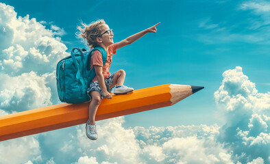 A little girl sitting on a giant pencil, flying in the sky, points ahead with her hand. The girl wears glasses and carries a school bag, back to school
