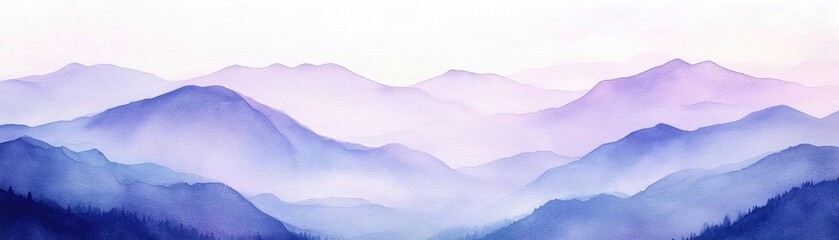 A serene watercolor landscape showcasing layered purple mountains at dawn, evoking tranquility and natural beauty.