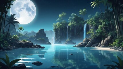 painting of moon in night against a river
