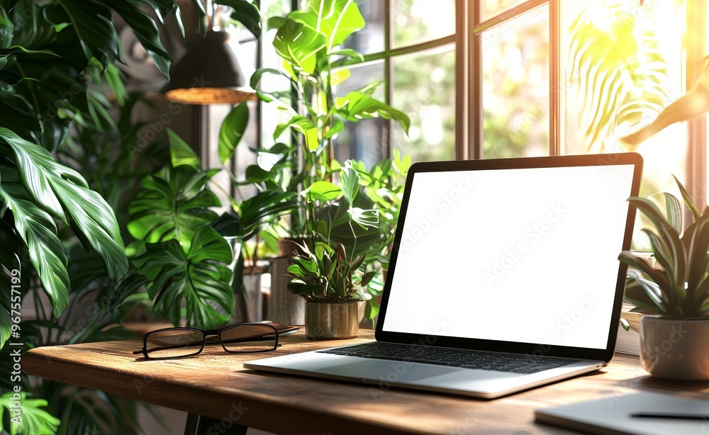 Poster the background is blurred and the laptop screen is white, with a cup of coffee on the table and a po