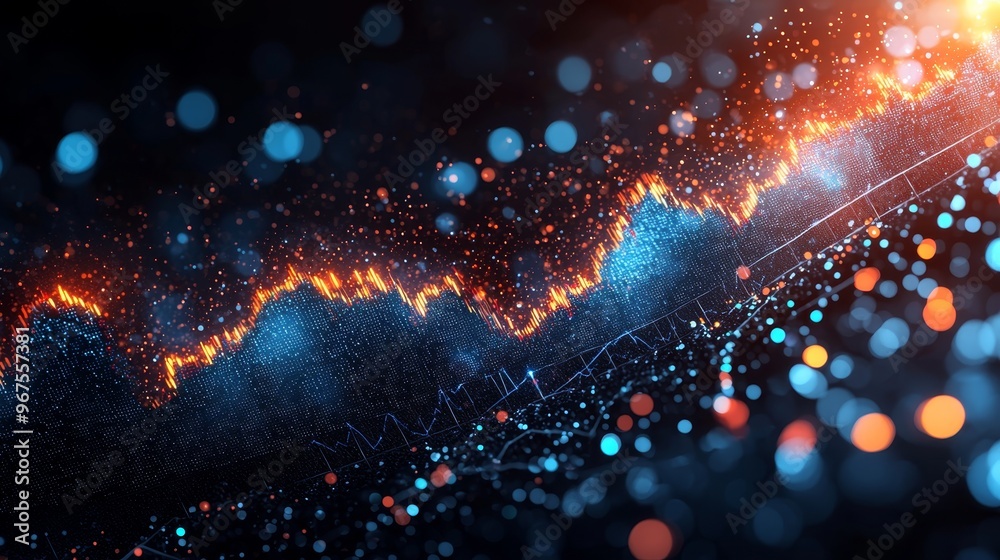 Poster growth graph on a dark background with a digital display, options chart, and stock market glowing.