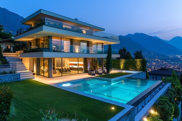 Modern house with swimming pool, panoramic night view from terrace overlooking Cuneo, Italy, mountains, grass lawn, modern architecture, exterior lighting.