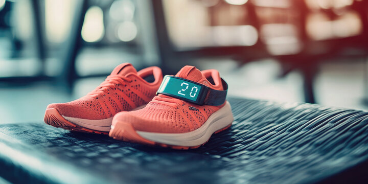 Fitness tracker rests on athletic shoes in a gym, ready for a workout, showing an active lifestyle with integrated technology for health and exercise
